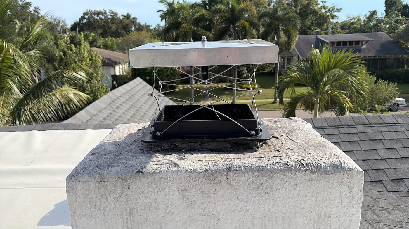 Cage-style spark arrestor cap on a chimney chase at a newer Jacksonville-area home
