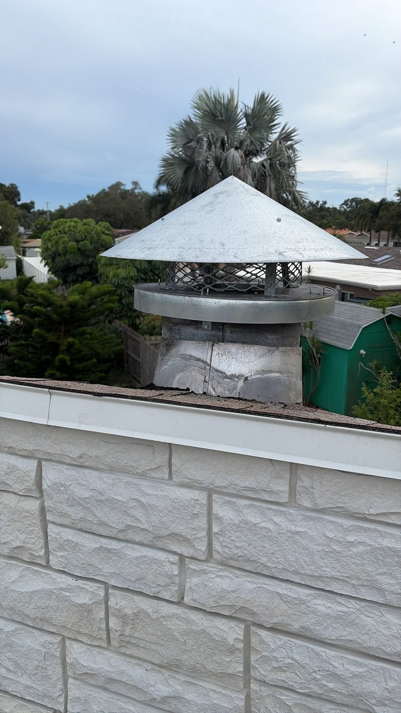 Galvanized cone-style chimney cap on a chimney near the Jacksonville-area coast, with a palm tree behind it